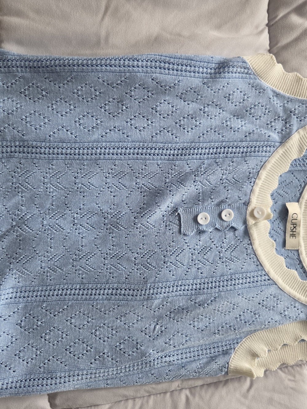 Cupshe Powder Blue Eyelet Knit Sleeveless Sweater with Cream Trim
